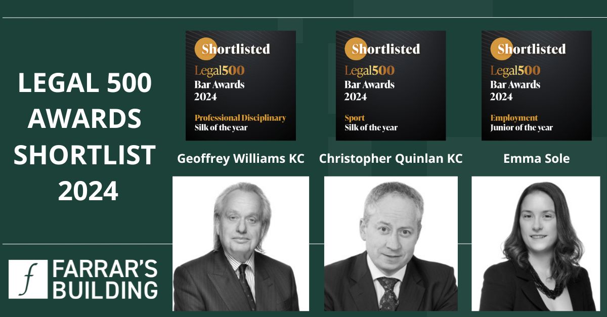 Farrar's Building (@farrarsbuilding) on Twitter photo Congratulations to Geoffrey Williams KC, Christopher Quinlan KC & Emma Sole for being shortlisted in the 2024 <a href="/thelegal500/">The Legal 500</a> Bar Awards:
farrarsbuilding.co.uk/legal-500-anno…
#ProfessionalDisciplinaryLaw #SportsLaw #EmploymentLaw #CelebratingSuccesses #BarAwards <a href="/CQQC_/">ChristopherQuinlanKC</a> Congratulations to Geoffrey Williams KC, Christopher Quinlan KC & Emma Sole for being shortlisted in the 2024 <a href="/thelegal500/">The Legal 500</a> Bar Awards:
farrarsbuilding.co.uk/legal-500-anno…
#ProfessionalDisciplinaryLaw #SportsLaw #EmploymentLaw #CelebratingSuccesses #BarAwards <a href="/CQQC_/">ChristopherQuinlanKC</a>