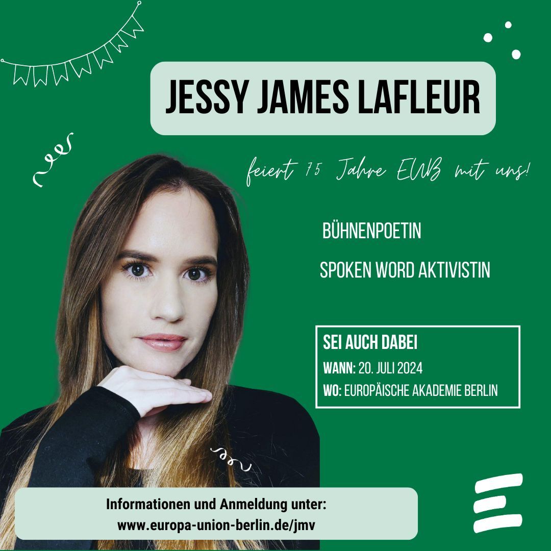 In 10 Tagen am 20. Juli feiern wir 75 Jahre #MehrEuropainBerlin dank der vielen Engagierten in der Europa-Union Berlin. Als besondere Künsterin mit dabei ist Jessy James LaFleur! Erlebe Jessys Performance und viel mehr in der <a href="/EABBerlin/">Europäische Akademie Berlin</a>. Jetzt anmelden: europa-union-berlin.de/jmv