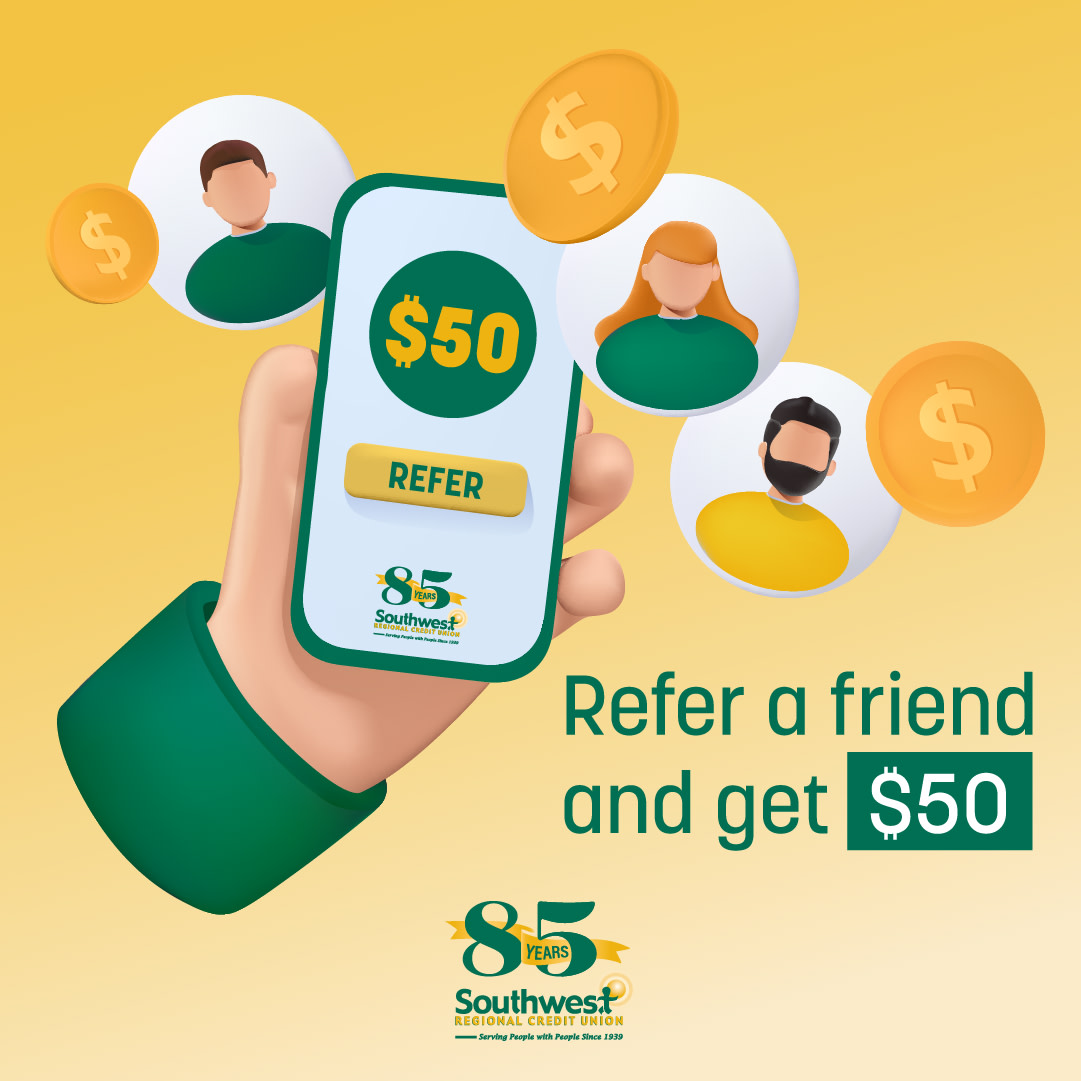 MoneyGuyCU's tweet photo. 🎁💰 We want to reward you!

Refer friends and family to Southwest Regional Credit Union and receive $50. On top of that, the new member will receive a FREE membership.

Learn more at https://t.co/dFxfJ1j5KV. Some conditions apply. https://t.co/6ONXEQODWI