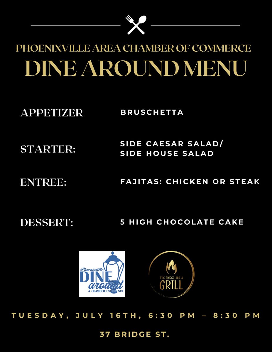 thebridge37's tweet photo. We are hosting this month’s Dine Around as part of the Phoenixville Area Chamber of Commerce experience! 
Enjoy a curated menu as we join you at the dinner table for storytelling and more.
For more information and to purchase tickets or make a donation: https://t.co/Ng9QTkOpM3 https://t.co/XFUcVzem9L