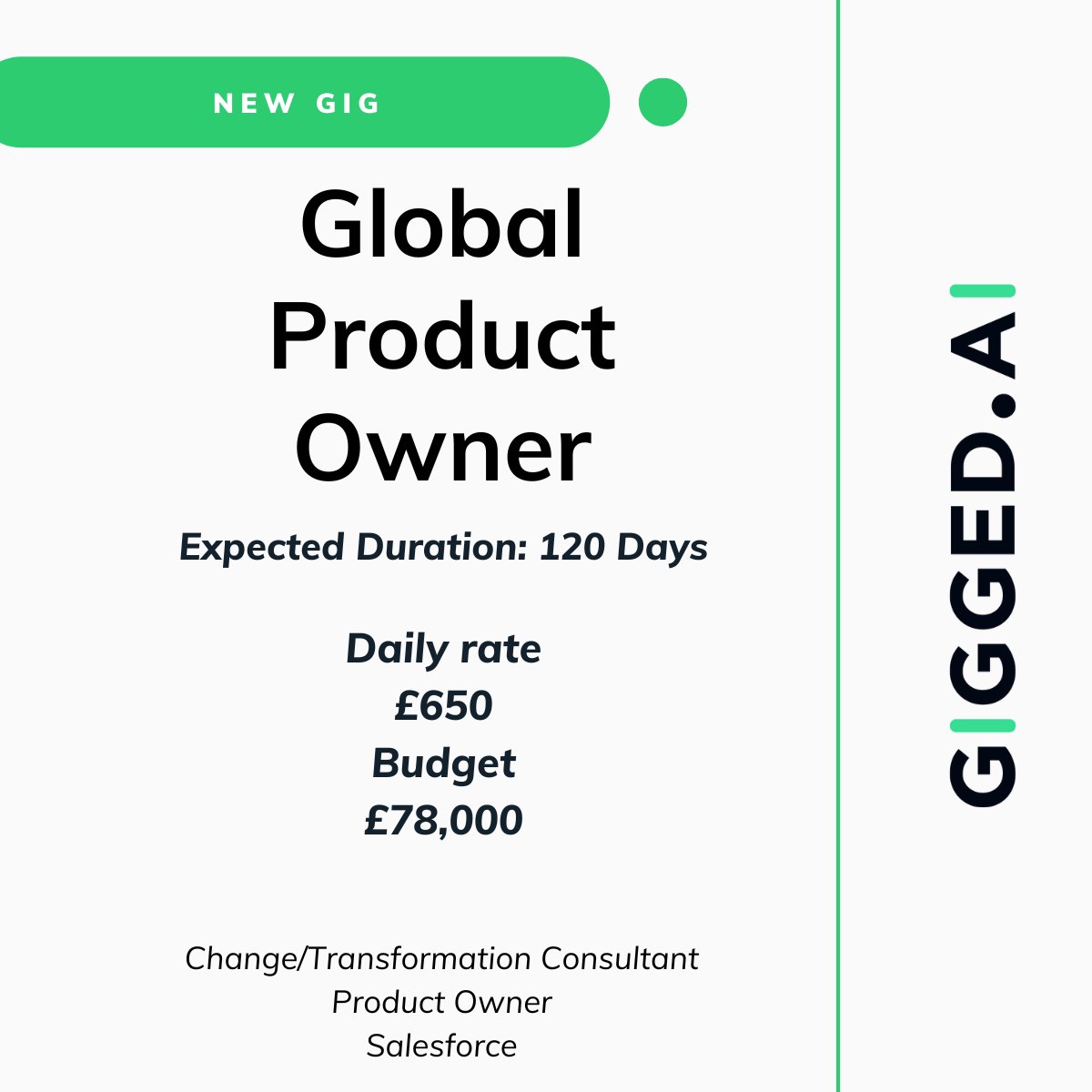 Another new gig landed on the Gigged Platform this morning looking for a Global Product Owner

📅 120 days
💰 £78,000
⚒ Change/Transformation Consultant, Product Owner, Salesforce

Submit your proposals below 👇
app.gigged.ai/find-a-gig/yA1…

#productowner