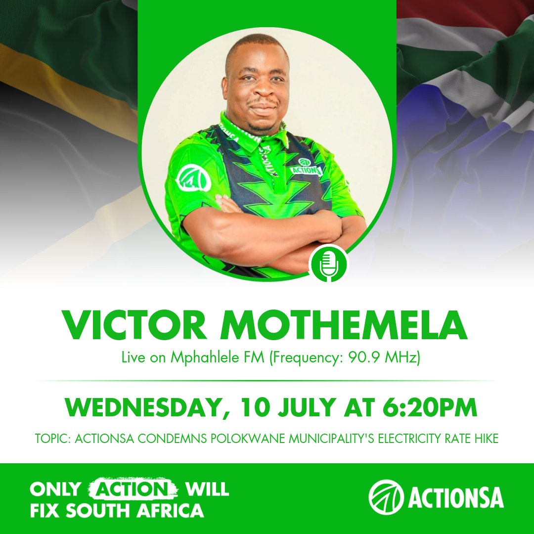ActionSA_LP's tweet photo. Our Provincial Chairperson, 
@VictorMothemela , speaks to Mphahlele FM (Frequency: 90.9 MHz) at 6:20PM. 

He will be speaking to ActionSA Limpopo's condemnation of Polokwane Municipality's electricity rate hike.

#OnlyActionWillFixSA https://t.co/aC3tafKTbw