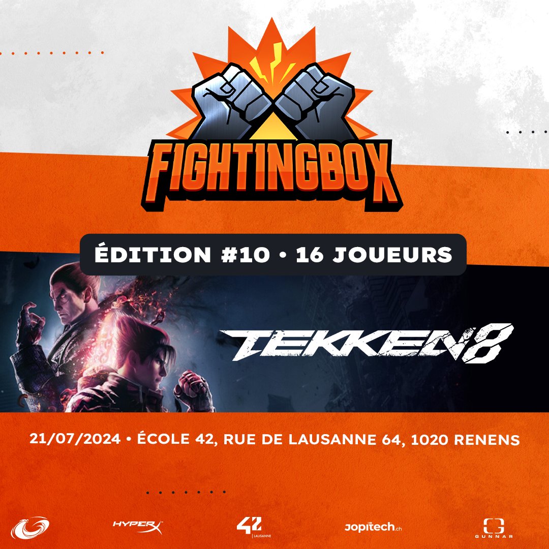Fragboxgaming's tweet photo. #FightingBox👊

Nous revoilà une fois de plus sur le jeu #Tekken8 pour la 10eme édition🥊

Tu veux montrer ton talent pour la bagarre ? 🤔

📌@42Lausanne
💰10.-
🏆 CP en fonction du nb de participants
📅21 juillet 2024

⬇ Inscriptions ⬇
https://t.co/L90UNLABII 

#WeAreOneFBX https://t.co/ZzD34qdYrW