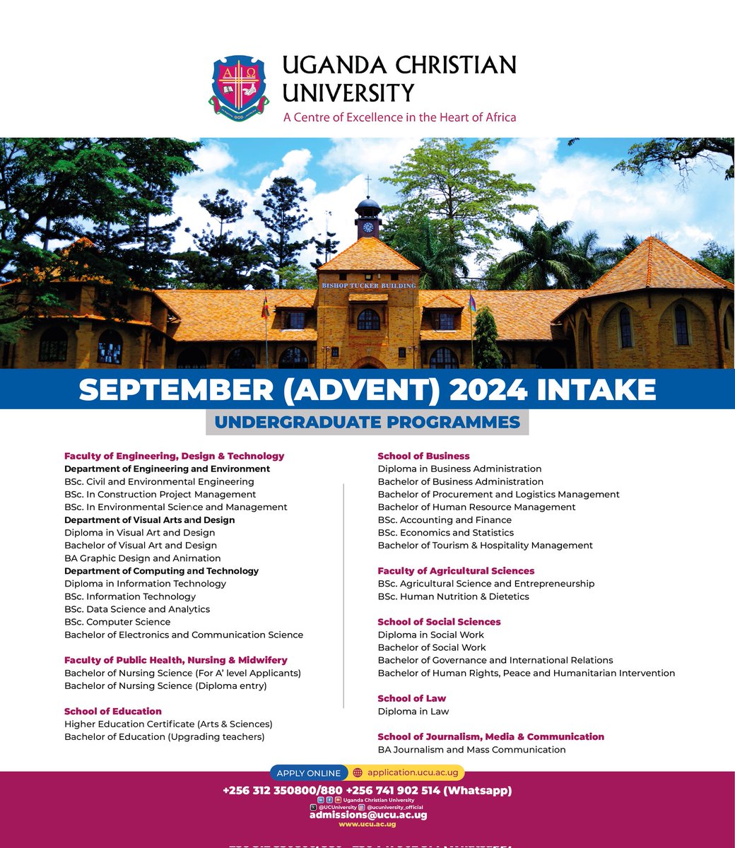 Ucu_CRA's tweet photo. Uganda Christian University has opened up applications for the Undergraduate &amp; Postgraduate programs for the September intake 2024‼️

To apply now by tapping the Link ⏭️ https://t.co/c9rA9E4Lnh 
#Apply2UCU https://t.co/6ZLhqEyNl5