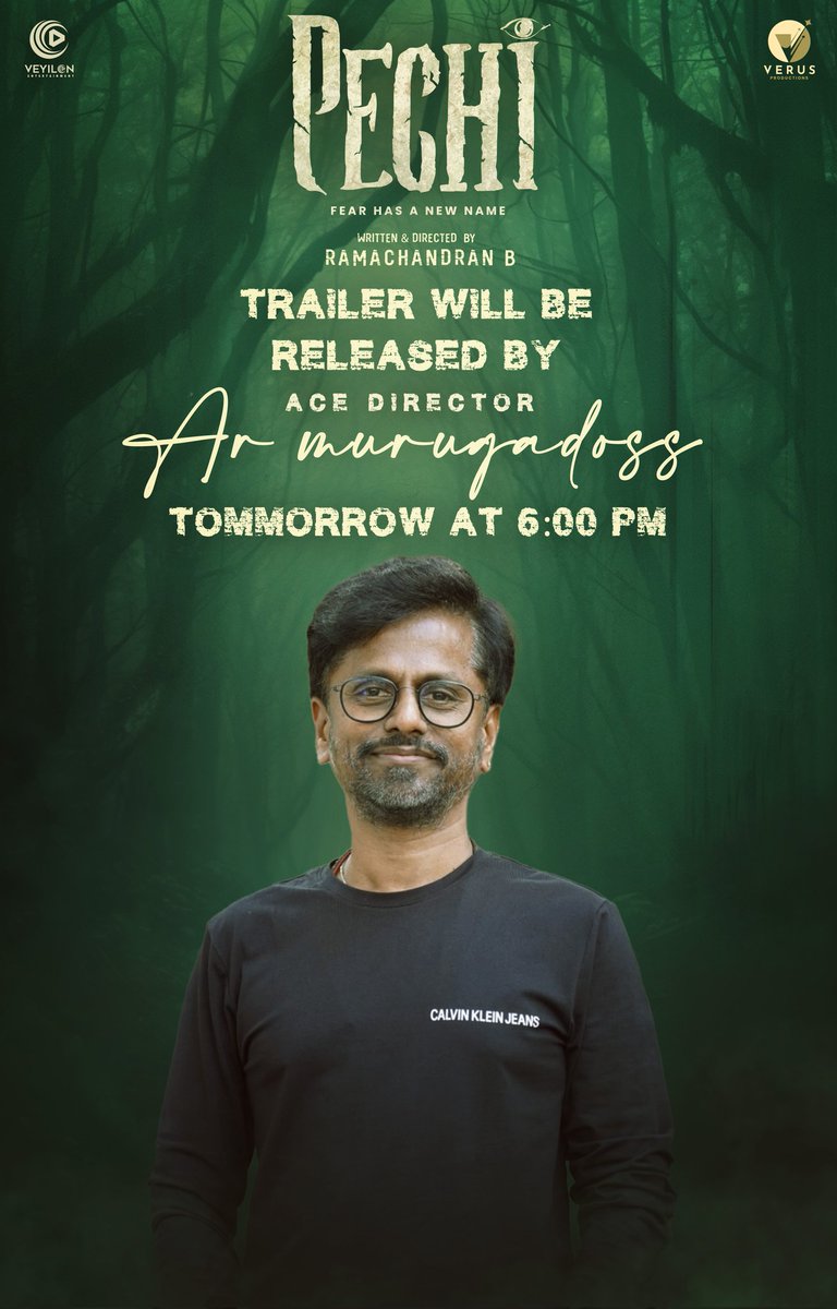 Sooriyaprathap (@soori_prathap) on Twitter photo Dive into the mysterious world of #Pechi.
Catch the #PechiTrailer tomorrow at 6:00 PM, brought to you by the master storyteller <a href="/ARMurugadoss/">A.R.Murugadoss</a>. Stay tuned! 🎬🌟
@veyilonent <a href="/verusproduction/">Verus_Productions</a>
<a href="/Bala_actor/">Bala saravanan actor</a> <a href="/rockraamz/">ramachandran</a> <a href="/RajeshMRadio/">Rajesh Murugesan</a> <a href="/gokulbenoy/">gokul benoy</a> @Filmmaker2015 <a href="/ProDharmadurai/">DharmaDurai Pro</a> Dive into the mysterious world of #Pechi.
Catch the #PechiTrailer tomorrow at 6:00 PM, brought to you by the master storyteller <a href="/ARMurugadoss/">A.R.Murugadoss</a>. Stay tuned! 🎬🌟
@veyilonent <a href="/verusproduction/">Verus_Productions</a>
<a href="/Bala_actor/">Bala saravanan actor</a> <a href="/rockraamz/">ramachandran</a> <a href="/RajeshMRadio/">Rajesh Murugesan</a> <a href="/gokulbenoy/">gokul benoy</a> @Filmmaker2015 <a href="/ProDharmadurai/">DharmaDurai Pro</a>