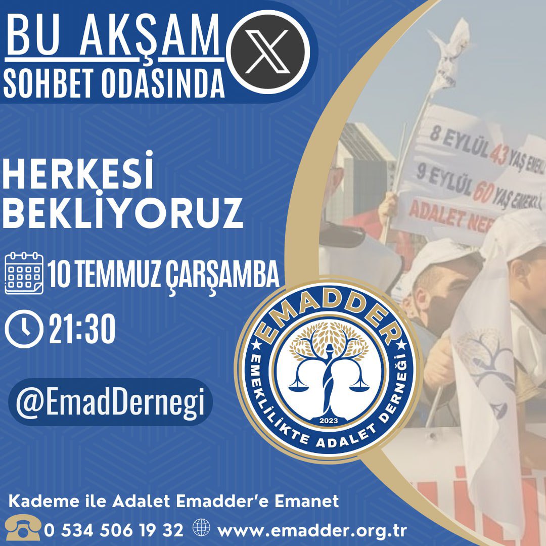 EmadDernegi's tweet photo. EMADDERİN SOHBETİ VAR….

Bu akşam saat 21:30’da  
X platformunda ki sesli sohbetimize 
Herkesi bekleriz…

Retweet edelim arkadaşlar

@EmadDernegi 

#KademesizEytZulümdür https://t.co/fSFKIFhDRV
