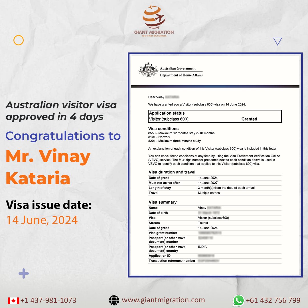 GiantMigration's tweet image. We are thrilled to announce the #successstory of our client Mr. Vinay Kataria who secured his #AustraliaVisitorVisa (#Subclass600) within 4 days. 

Contact us-
📞 +971-488 499 68 (UAE)
📞 +974-7030 8333 (Qatar)
📞 +91-886 886 00 22 (Delhi)

#Visaapproval #Australiavisa #Australia