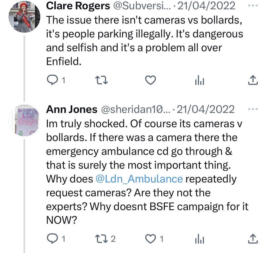 sheridan100_a's tweet photo. @ShimanoSteve @lb_southwark @SouthwarkLabour @Keir_Starmer @SocEnvJustice LTNs r the embodiment of #selfentitlement in @enfieldcouncil eg The highest car ownership ppl
got their homes enclosed in LTNs & then
1. Oppose @Ldn_Ambulance repeated requests to replace bollards with ANPR filters
2. Gaslight those speaking out about LTN displaced traffic https://t.co/6gfPd4kcNs
