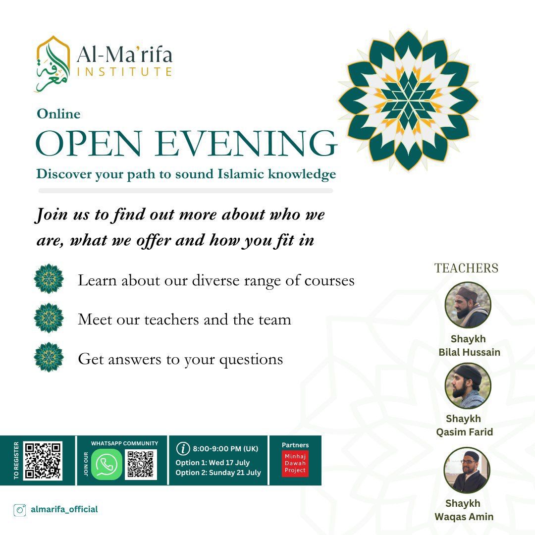 Online Open Evening
Discover your path to sound Islamic Knowledge

🕗 Time: 08:00 - 09:00 PM
🗓️ Dates: Choose one session
  - Wednesday, 17th July
  - Sunday, 21st July
💻 Platform: Online via Zoom

RSVP: [Register Here](forms.gle/eRoTqZU9KJ5kXN…)
