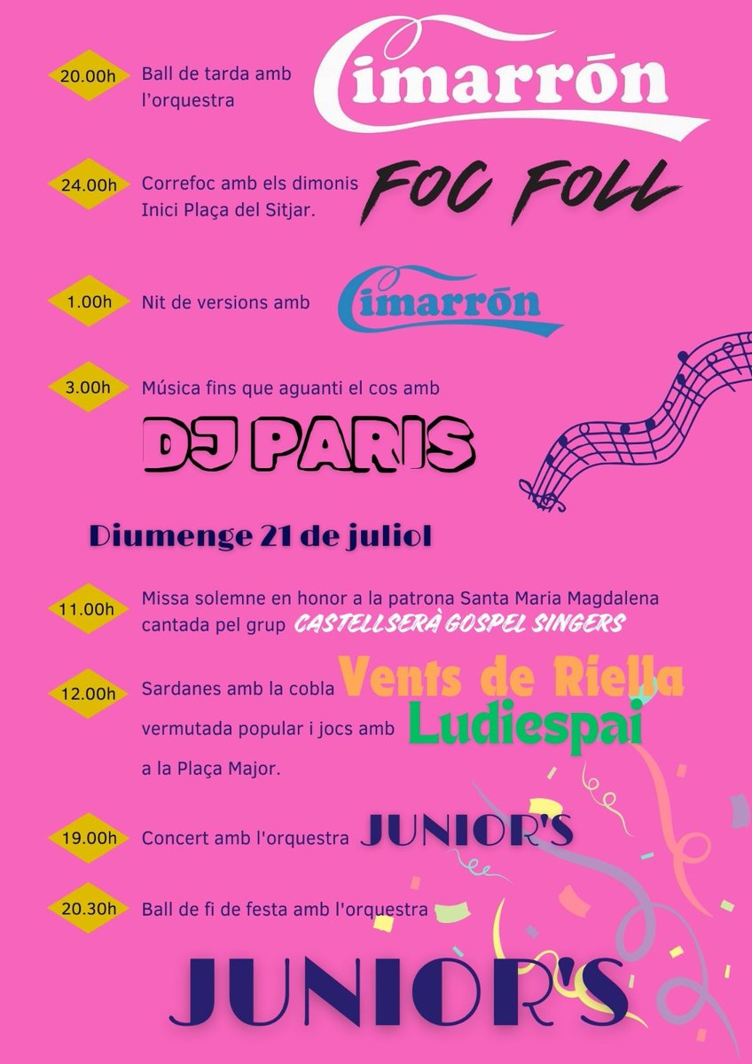 AjCastellsera's tweet photo. Ja falta ben poc per poder celebrar la nostra Festa Major!
Des de la comissió de festes han preparat aquest fantàstic programa que esperem que us faci gaudir.
Aquest any, i pensant amb la calor, amb més dies de festa i més activitats a les nits.
Us esperem del 17 al 21 de juliol! https://t.co/X9mVKXPv9g