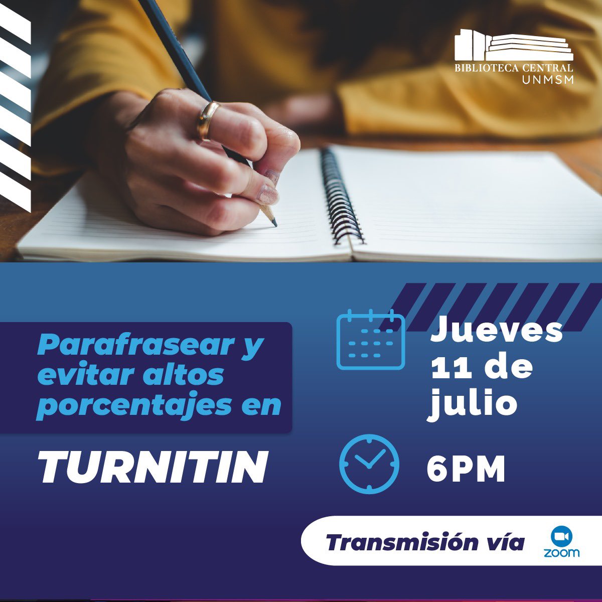 #TallerVirtualUNMSM💡
Te invitamos a ser parte de este taller 🤩
Parafrasear y evitar altos porcentajes en turnitin
🗓 11 de julio  🕑6:00 p.m.
📝 forms.gle/gnPXbaSTimm8Vs…