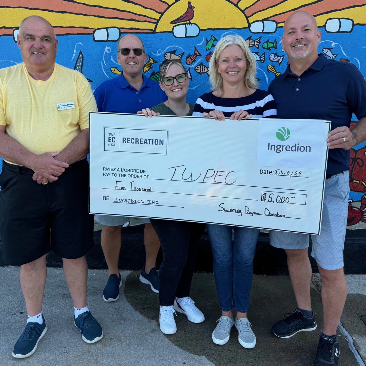 Edwardsburgh-Cardinal is so fortunate to have amazing community partners like Greenfield Global, Giant Tiger corporation and Ingredion Cardinal.   Their respective $5000 donations ($15000 total) ensure that every child that wants swimming lessons or daycamp gets to go.