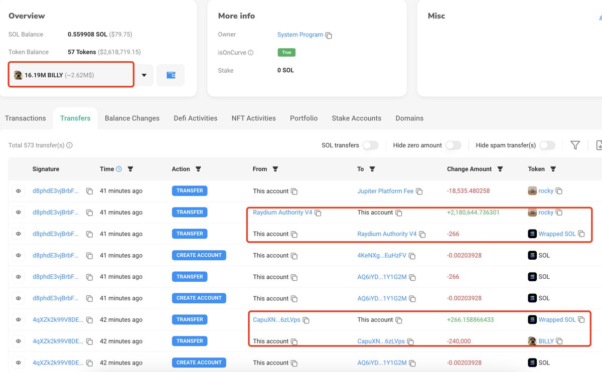 Another $BILLY whale swapped part of his $BILLY position for $rocky.

He sold 240K $BILLY for 266 $SOL($38K) and spent 266 $SOL($38K) to buy 2.18M $rocky at $0.01728 40 minutes ago.

He currently has 16.19M $BILLY($2.62M) left.

solscan.io/account/4fTKtD…