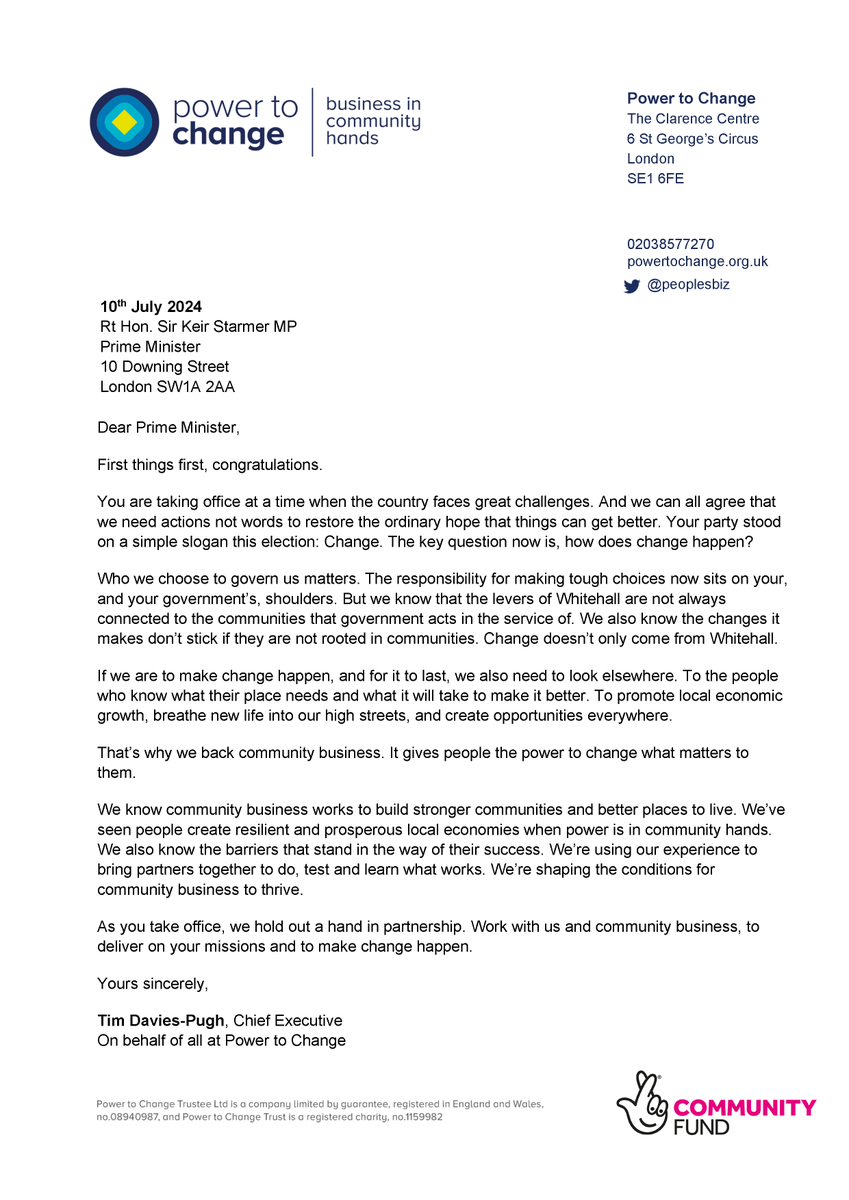powertochange_'s tweet photo. We back community business because it gives people the power to change what matters to them.
We're ready to work with the new government, alongside community business, to help deliver change for our communities.
Our letter from CEO @tdaviespugh to the new PM @Keir_Starmer 👇 https://t.co/bClCMhxQX4