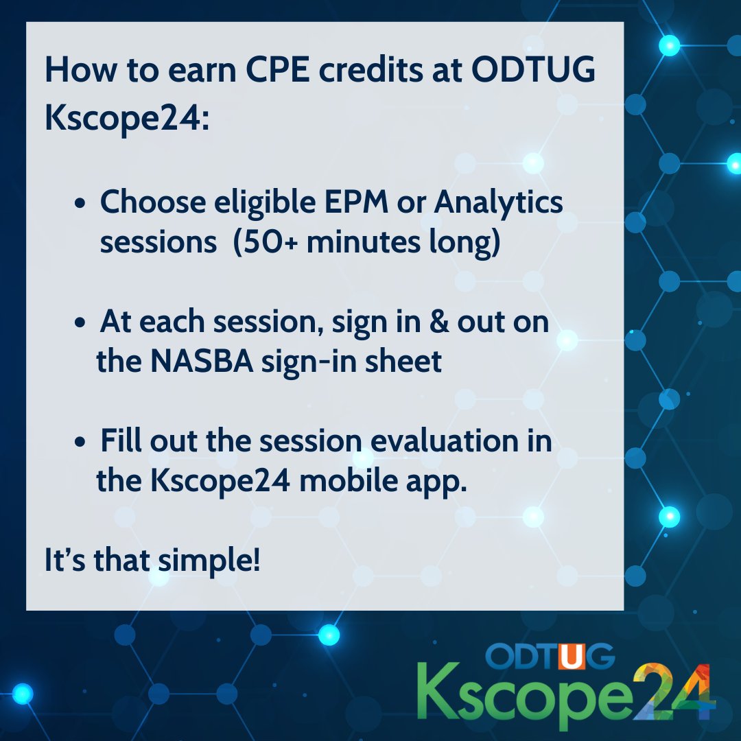 Oracle Developer & Technology User Group (ODTUG) (@odtug) on Twitter photo ODTUG #Kscope24 is a great opportunity to earn CPE Credits! Here's how. (Mobile App will be released shortly) #orclEPM #orclAnalytics #EmergingTech ODTUG #Kscope24 is a great opportunity to earn CPE Credits! Here's how. (Mobile App will be released shortly) #orclEPM #orclAnalytics #EmergingTech