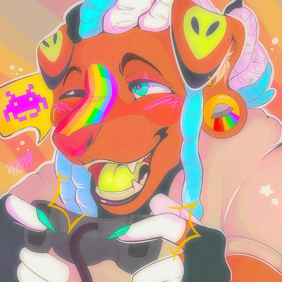 z0mbiehugz's tweet photo. quick art fight attack for @EyeDrank !! absolutely adore this character’s design omg they were so fun 👽👾🌈 https://t.co/IUXS2AvKqI
