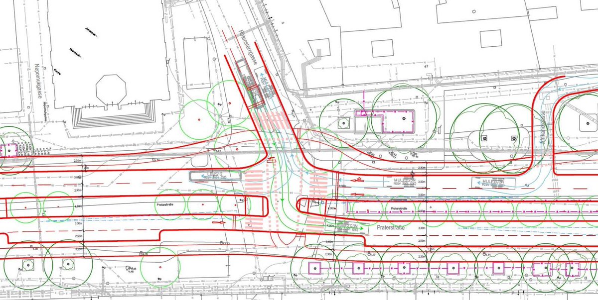 Eben nur eine halbherzige SP-Lösung. Im Vergleich dazu die Pläne für den Klimaboulevard #Praterstraße der <a href="/grueneleo/">Grüne Leopoldstadt</a> aus 2020. Mit Bäumen bis zur Kreuzung hin und ohne den unnötigen Linksabbieger in die Rotensterngasse rein. 
x.com/grueneleo/stat…