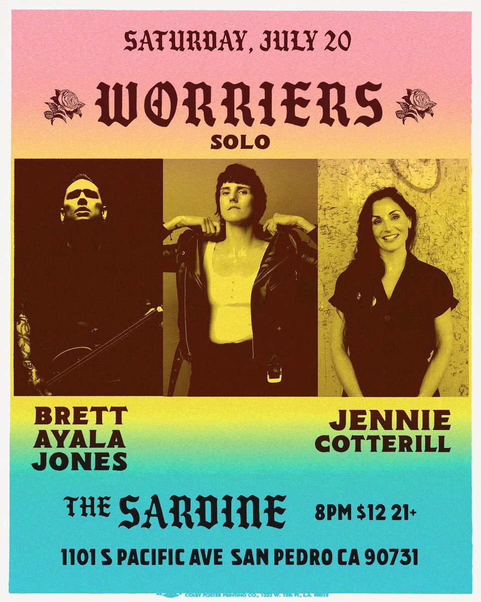 WORRIERS✨Lauren D (@worriersmusic) on Twitter photo July 20 in San Pedro with <a href="/JennieCotterill/">Jennie Cotterill</a> and Brett Ayala Jones at The Sardine. I’m playing solo but I think I have some tricks up my sleeve. See you there. July 20 in San Pedro with <a href="/JennieCotterill/">Jennie Cotterill</a> and Brett Ayala Jones at The Sardine. I’m playing solo but I think I have some tricks up my sleeve. See you there.