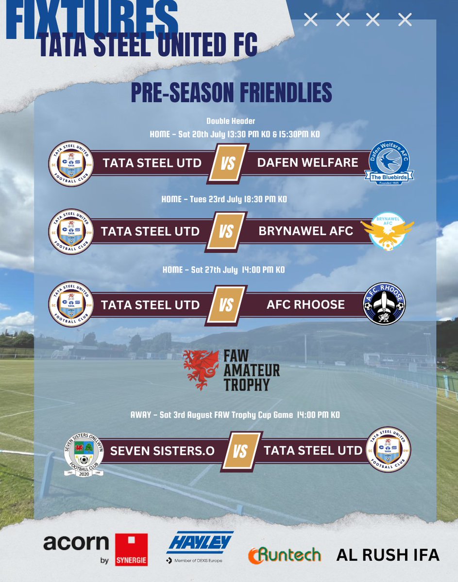 UnitedTata's tweet photo. 🗓️ PRE-SEASON FIXTURES 🗓️

Our pre-season fixtures have been confirmed in preparation for the 24/25 season.

The FAW Amateur Trophy cup tie has also now been confirmed as we face a strong Ardal South West League side Seven Sisters Onllwyn FC Saturday 3rd of August. 

#HALASCOW https://t.co/YIFlqNmTX0