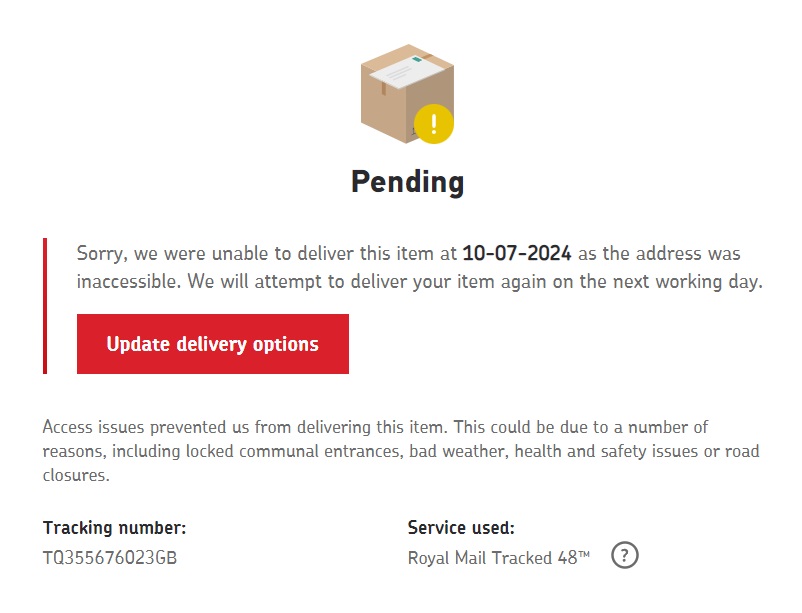JohnPAtkinson's tweet photo. @RoyalMailHelp why does the customer get blamed with this lame excuse when the real reason is that they do not have anyone to deliver my parcels today 😡 https://t.co/gStXk1IMmi