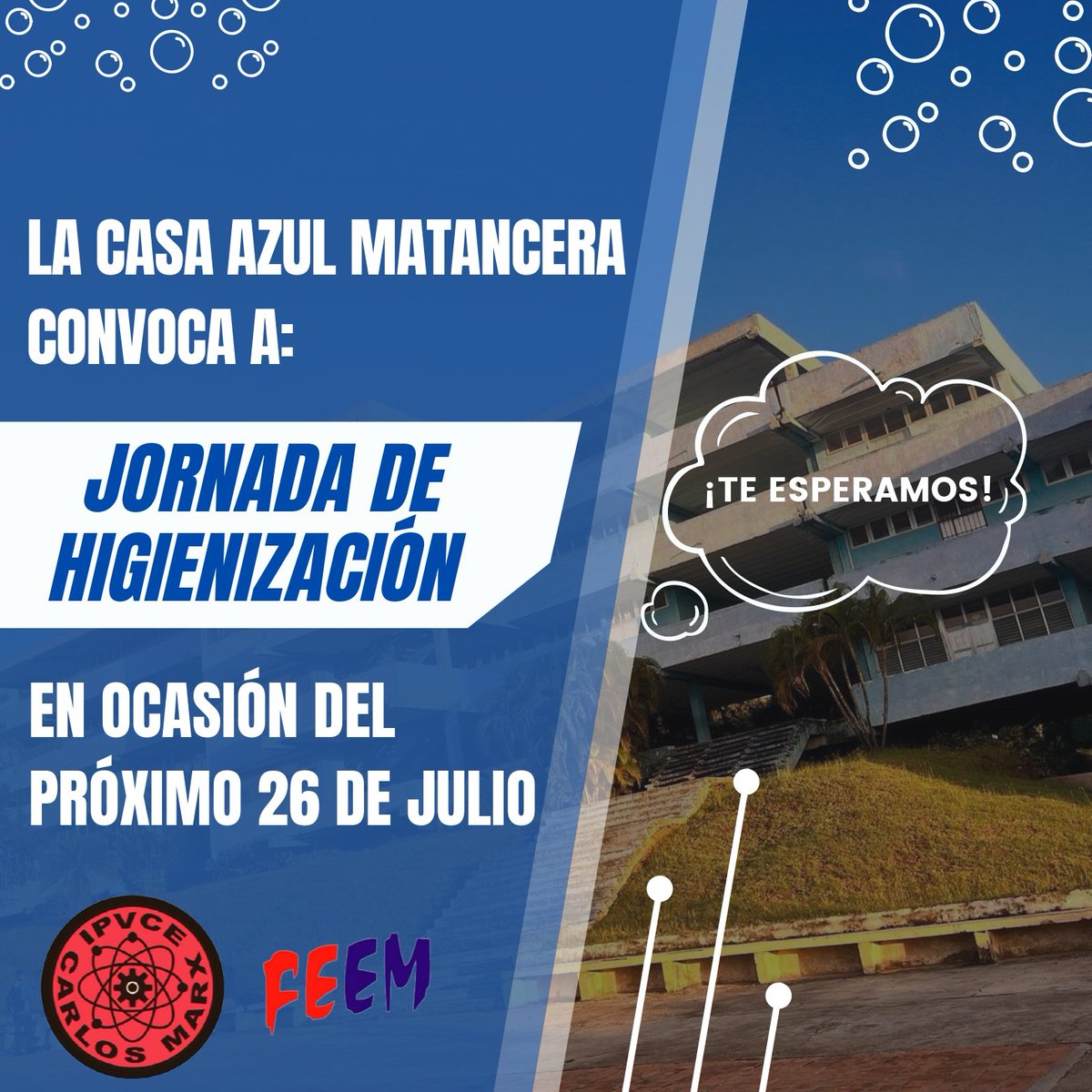 ⚛️ El IPVCE Carlos Marx 💙 de Matanzas convoca a una jornada especial de Higienización 🧽 en ocasión de las actividades por el próximo 26 de Julio 🇨🇺❤️.
‼️¡Comenzamos mañana!

#ipvcecm #ipvcecarlosmarx