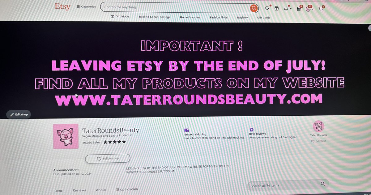 TaterRoundsB's tweet photo. Leaving Etsy by the end of the month. I’ll still have my Website and Spicerack storefront 🖤 but Etsy sucks! https://t.co/K5TnbgAUl9