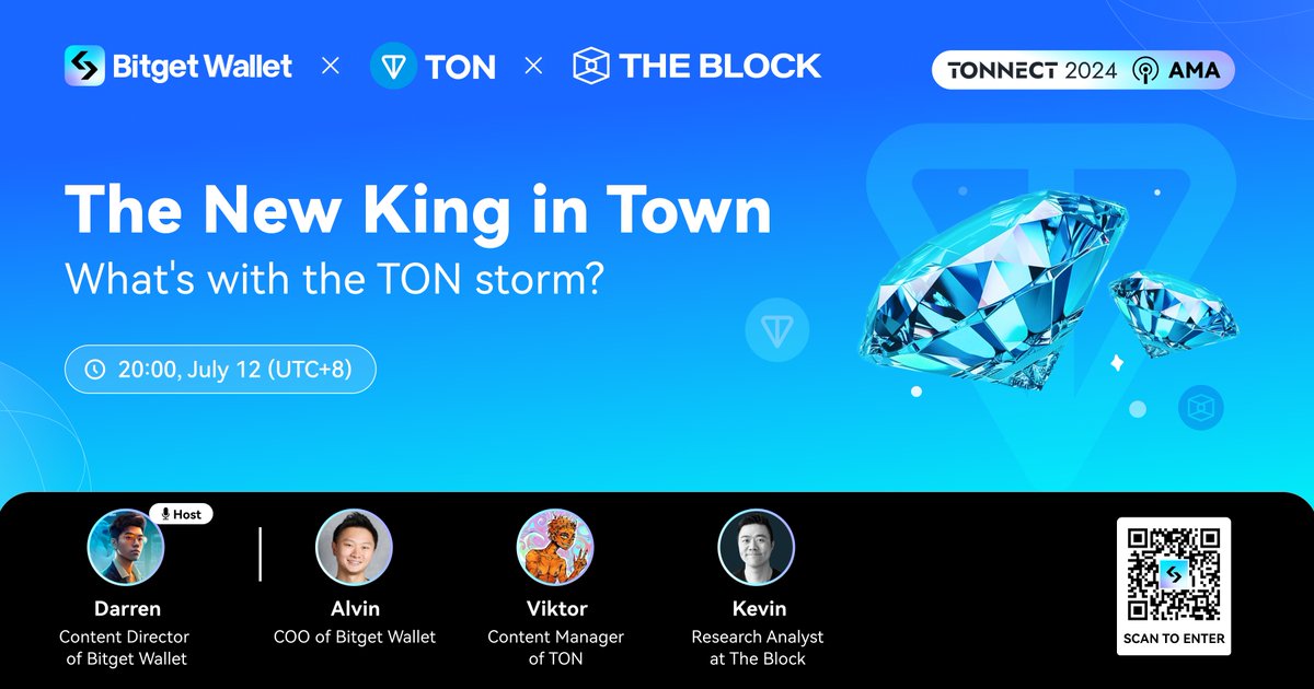 BitgetWallet's tweet photo. Heard there's a new king in town 👑 #TON has been taking the #crypto scene by storm! We will get up close and personal with @ton_blockchain this Friday, so block your calendar 📅 

🎙️ Host: 
@D4Darren - Content Director of #BitgetWallet
👥 Guests: 
@alvin_kan - COO of #BitgetWallet 
@s0meone_u_know - Content Manager of TON 
@pengcapital - Research Analyst at @TheBlock__ 

🏆 10 users will win from a 100 USDT pool! #airdrop #giveaway 
1️⃣ Follow @BitgetWallet 
2️⃣ RT + Tag 3 frens 
3️⃣ Comment your Bitget Wallet TON address! 

Winners will be announced during the AMA!  

📆 Set your reminders right now: https://t.co/RDwSEiNjTh 

#TONNECT2024