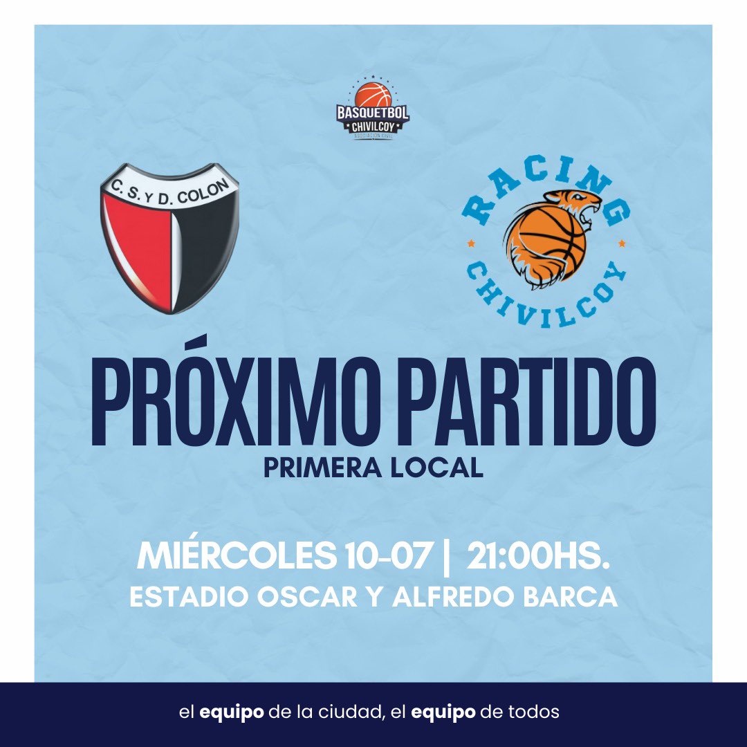 racingchbasquet's tweet photo. Torneo Primera Local:
Hoy 21 hs, enfrentaremos de visitante a Deportivo Colon, por el torneo local de Primera División de @ABasquetChivil.
Vamos los pibes.
Apóyalos.
#vamoslospibes
#vamosracing
#vamosacademia #racingdechivilcoy #vamosakd https://t.co/tRsfLKF6wt
