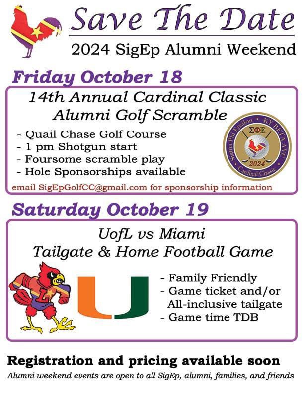 SigEpKYBetaAVC's tweet photo. SAVE THE DATE! A little later this year, but its still sure to be a fantastic weekend. Mark your calendars and share with your friends, family, and long lost brothers. @SigEpUofL @SigEpKYBetaAVC @officialsigep https://t.co/kq69EpAGRe
