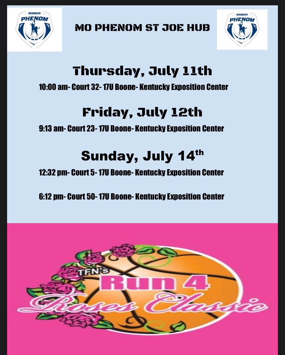 PhenomBasketball (St Joe) (@phenombballstj) on Twitter photo 17U St. Joe Hub is ready to get back at it this time <a href="/TFNsRun4Roses/">TFN's Run 4 Roses</a>. Coaches be sure to check us out this weekend. Here is our schedule. #STJHub 17U St. Joe Hub is ready to get back at it this time <a href="/TFNsRun4Roses/">TFN's Run 4 Roses</a>. Coaches be sure to check us out this weekend. Here is our schedule. #STJHub