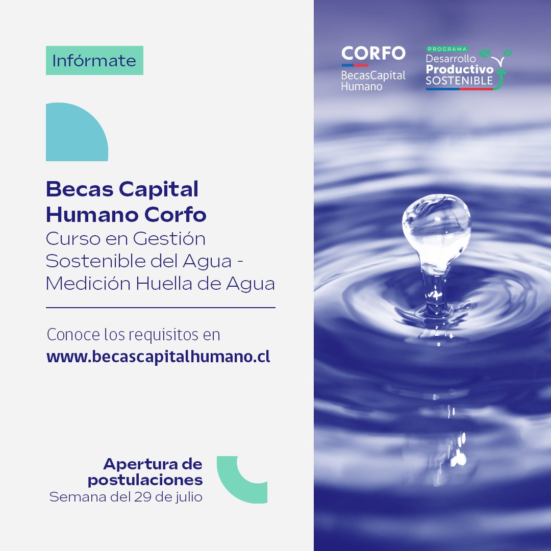 Revisa los requisitos en becascapitalhumano.cl y postula a este curso sobre gestión y medición de agua.  

Cubrimos el 90% del costo total del programa. La convocatoria abrirá la semana del 29 de julio

👀 ¡Atentos al llamado!