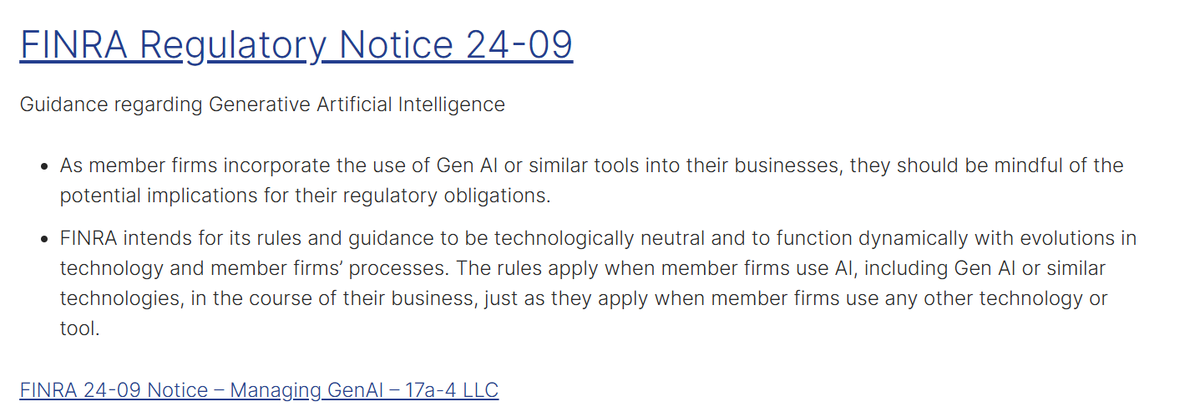 FINRA has released guidance on how firms should manage Generative AI 17a-4.com/2024/07/09/fin… #17a4 #FINRA #AI #GenAI #Compliance #archive