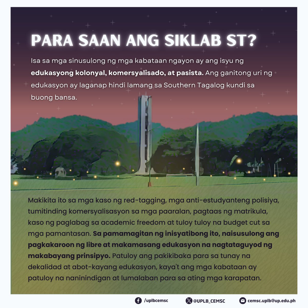 UPLB_CEMSC's tweet photo. Halina at paSIKLABin🔥natin ang mga panawagan!📢 sumali ka na 🫵 sa paparating na 𝗦𝗜𝗞𝗟𝗔𝗕 𝗦𝗧 𝗬𝗼𝘂𝘁𝗵 𝗖𝗮𝗺𝗽 na gaganapin ngayong Hulyo 13-14 sa UPLB.

#SiklabSOYA2024
#EducIsARight
#DefendAcadFreedom
#atinangpinas
#UPLBCEMSC https://t.co/zQ7q84UPQt