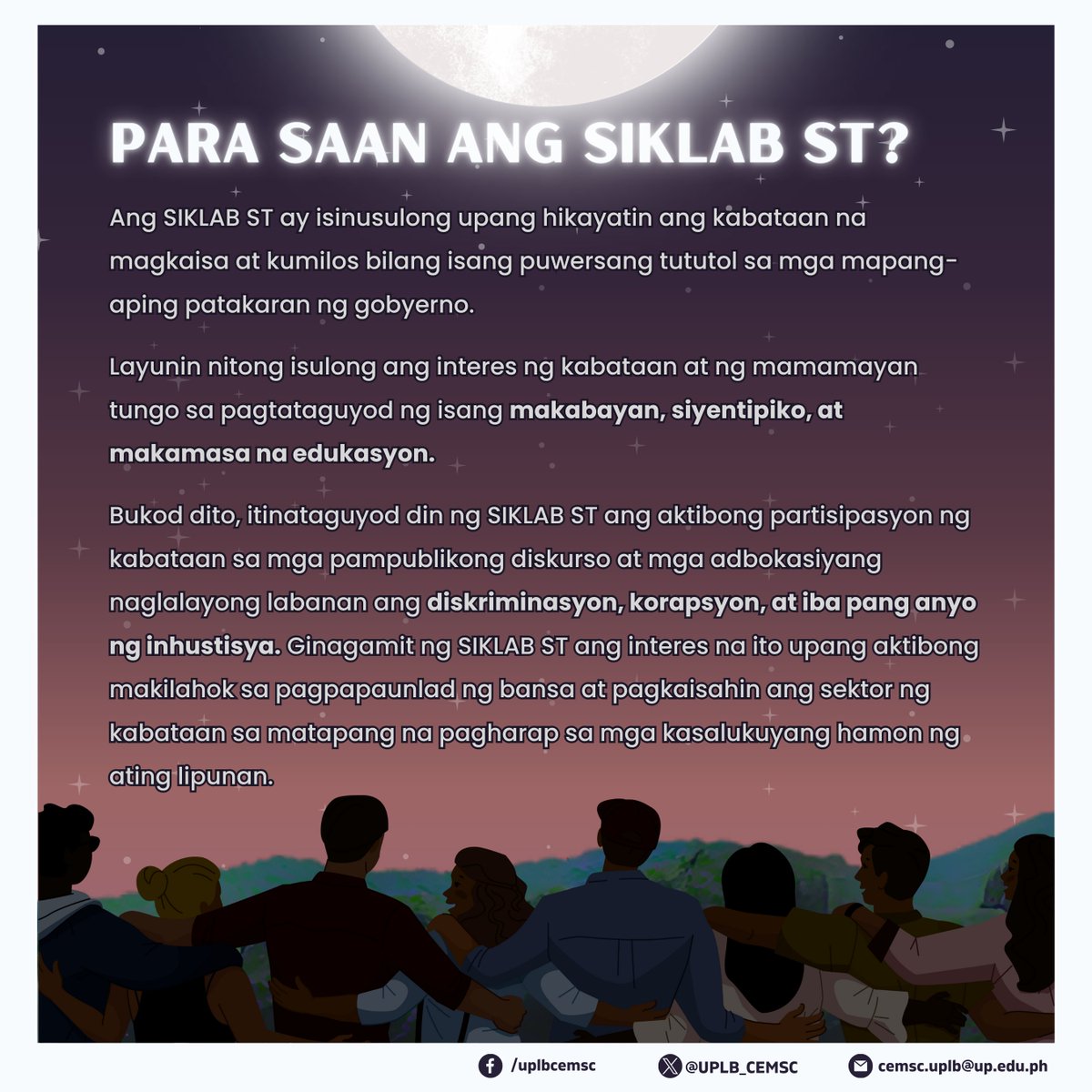 UPLB_CEMSC's tweet photo. Halina at paSIKLABin🔥natin ang mga panawagan!📢 sumali ka na 🫵 sa paparating na 𝗦𝗜𝗞𝗟𝗔𝗕 𝗦𝗧 𝗬𝗼𝘂𝘁𝗵 𝗖𝗮𝗺𝗽 na gaganapin ngayong Hulyo 13-14 sa UPLB.

#SiklabSOYA2024
#EducIsARight
#DefendAcadFreedom
#atinangpinas
#UPLBCEMSC https://t.co/zQ7q84UPQt