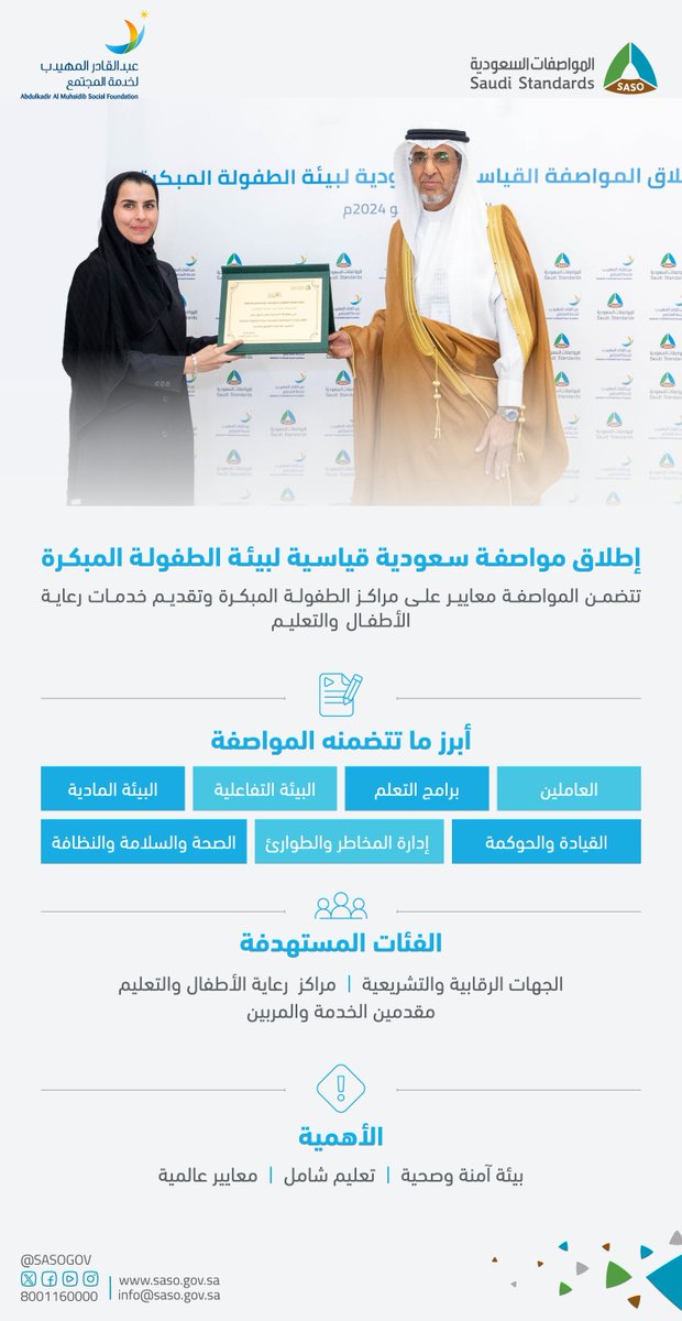 SASOGOV's tweet photo. خطوة جديدة نحو مستقبل مشرق لأطفالنا في بيئة آمنة وصحية تُلهمهم للجودة والتميّز..
#مواصفة_بيئة_الطفولة_المبكرة https://t.co/AwVmMc2Gv1