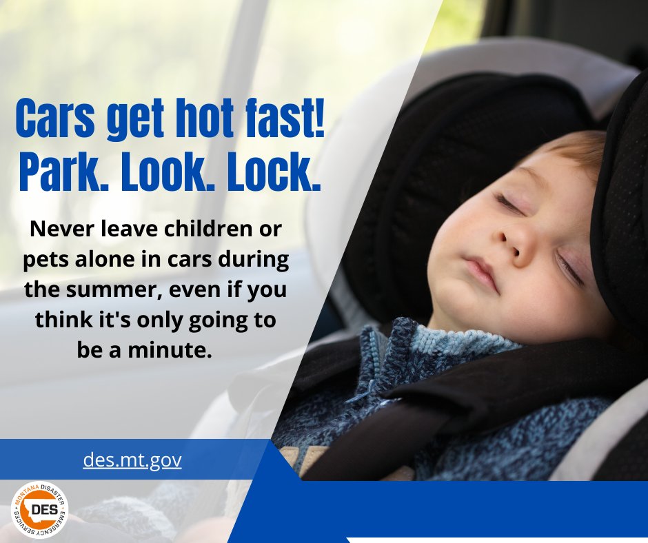 MontanaDES's tweet image. Cars heat up quickly in the summer especially during this hot spell we're experiencing.  Never leave children or pets alone in cars.  It only takes a few minutes for cars to heat up to dangerous temperatures.  Park.  Look.  Lock.  #MtSummer #MtSafety