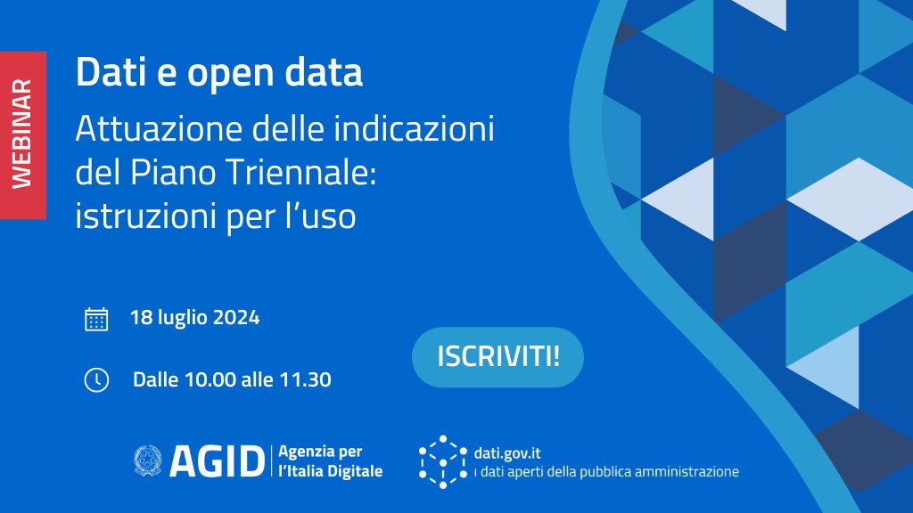 📅 Il 18 luglio, dalle ore 10 alle ore 11:30, l’Agenzia per l’Italia Digitale organizza un #webinar dedicato agli #OpenData.

💻 Per partecipare, iscriviti al seguente link 👉events.teams.microsoft.com/event/ac600eb0…