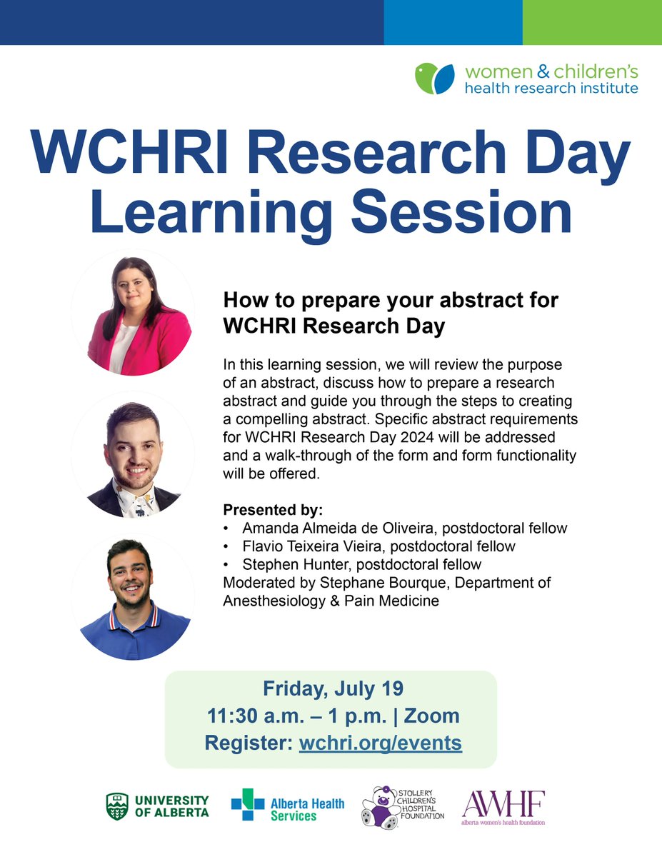 Join us for a learning session on how to prepare your abstract for WCHRI Research Day. We will review the purpose of an abstract, discuss how to prepare a research abstract, and guide you through the steps to creating a compelling abstract.

Register here:
wchri.org/events/calenda…
