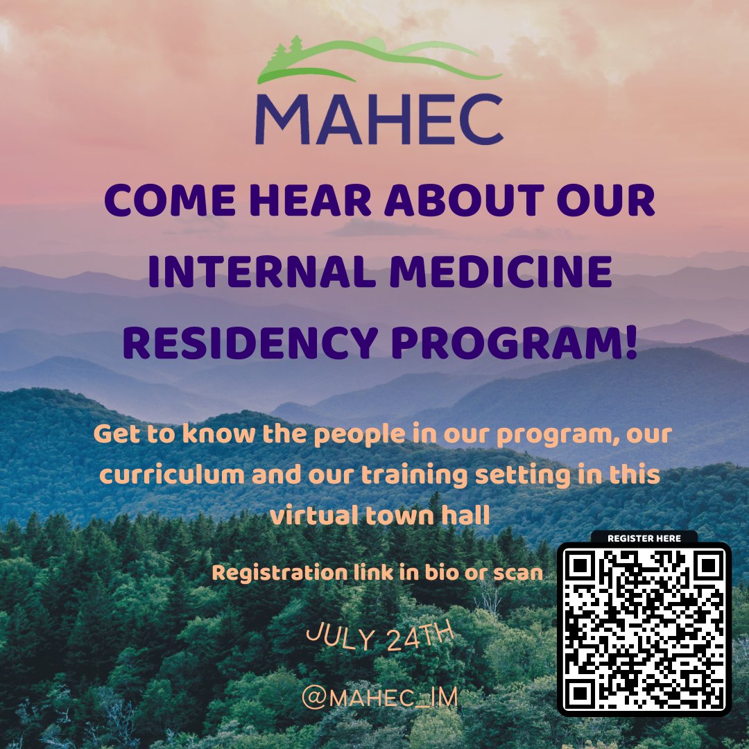 MAHEC_IM's tweet photo. Come hear about our Internal Medicine Residency Program! Get to know the people in our program, our curriculum and our training setting! July, 24th from 7:00 PM - 8:00 PM EST
@inside_thematch @InternalMed_Res
@ABIMcert
#internalmedicineresidency #match2025 #futuremedres https://t.co/W99A408H3X