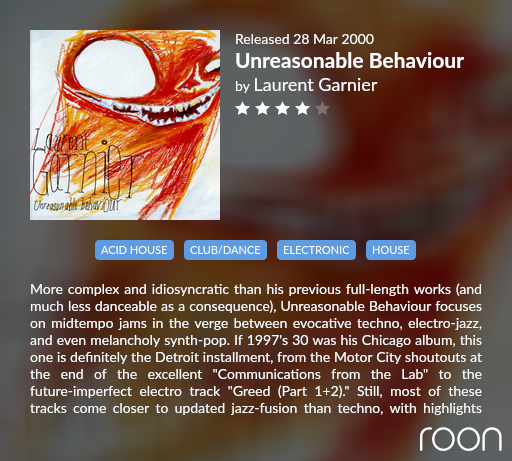 yellowdog815's tweet photo. Listening to Laurent Garnier’s ‘Unreasonable Behaviour’ – a timeless blend of techno and house. Don’t miss ‘The Man with the Red Face’ with its iconic sax riff! 🎷✨ #Techno #HouseMusic #LaurentGarnier #UnreasonableBehaviour https://t.co/sgZ7otMAyC