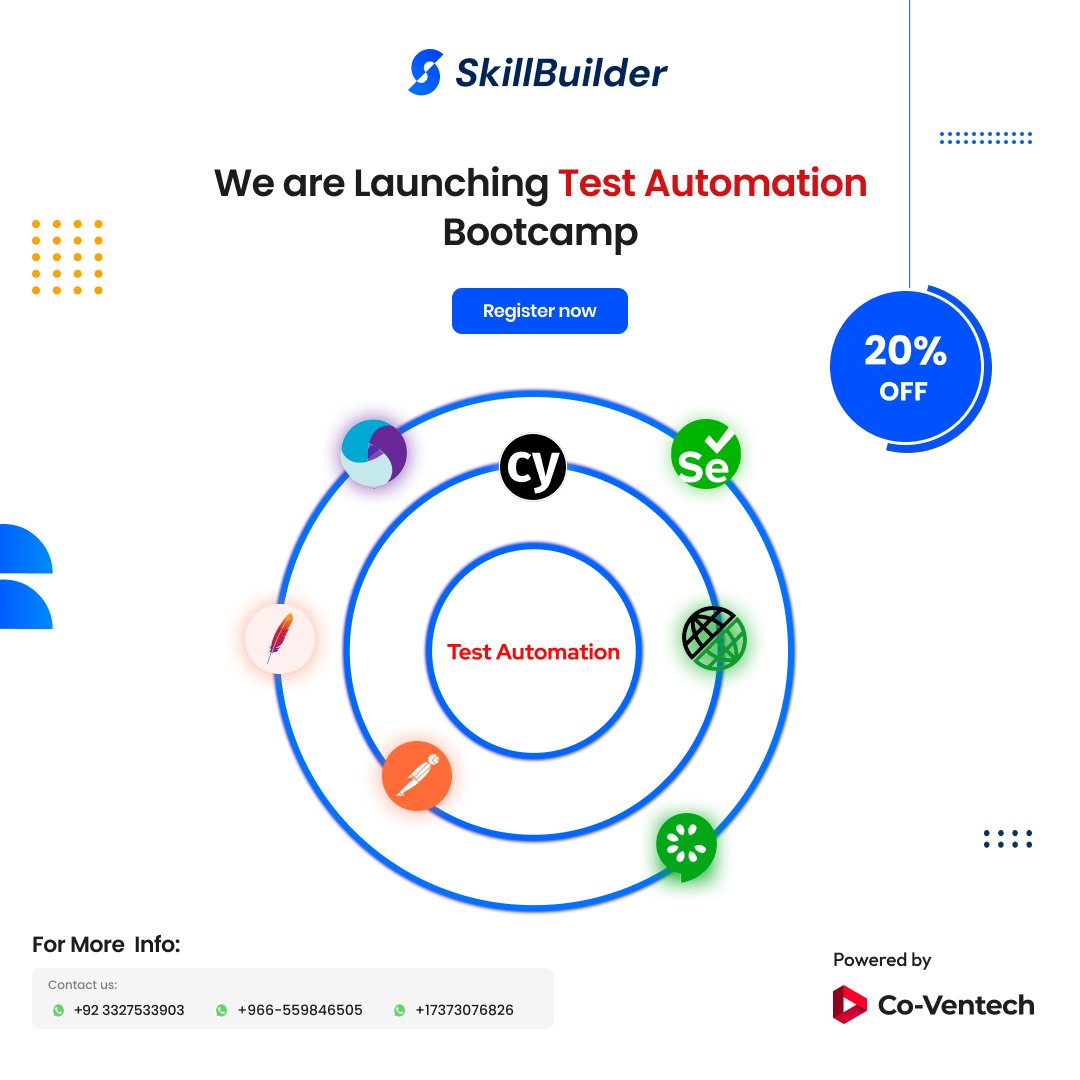 Skill__Builder's tweet photo. 🚀 Transform Your Career in Test Automation! 

Join Skill Builder for top-notch courses:
- Cypress Test Automation Bootcamp
- API Automation with PostMan, JMeter, Rest Assured

Classes start 20th July. Register now: [https://t.co/2Ytq6n7JX5](https://t.co/2Ytq6n7JX5) https://t.co/VrKF4fF6Rd