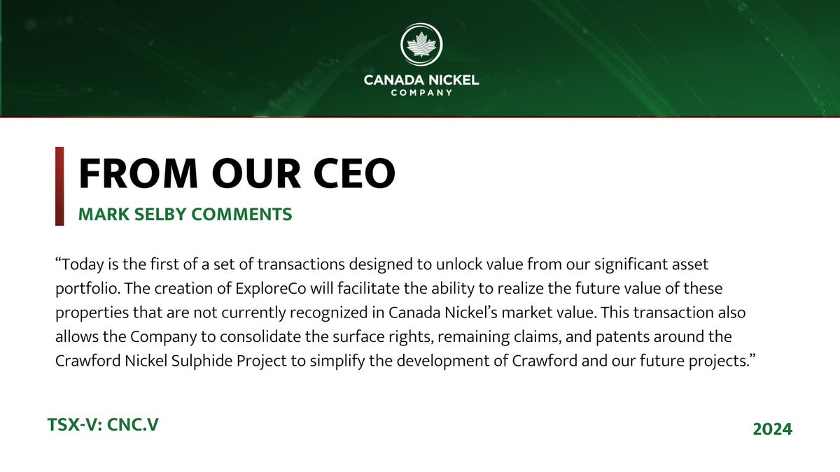 CanadaNickel's tweet photo. According to our CEO, Mark Selby, the transaction with Noble Mineral Exploration Inc. is designed to unlock value from $CNC’s significant asset portfolio. Check out his commentary below. 

Learn more about the transaction: https://t.co/c0cBKI7JaU

#Mining #Nickel #CanadianMining https://t.co/P3PPVDttIC
