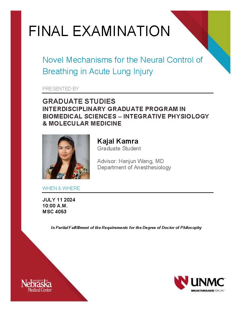 UNMC Physiology (@unmc_physiology) on Twitter photo Kajal Kamra, IPMM PhD student, is presenting for her final oral examination at 10:00 a.m. tomorrow. Her talk is titled "Novel Mechanisms for the Neural Control of Breathing in Acute Lung Injury."
@Gundrylab <a href="/UNMC_CHVR/">UNMC Center for Heart and Vascular Research</a> Kajal Kamra, IPMM PhD student, is presenting for her final oral examination at 10:00 a.m. tomorrow. Her talk is titled "Novel Mechanisms for the Neural Control of Breathing in Acute Lung Injury."
@Gundrylab <a href="/UNMC_CHVR/">UNMC Center for Heart and Vascular Research</a>