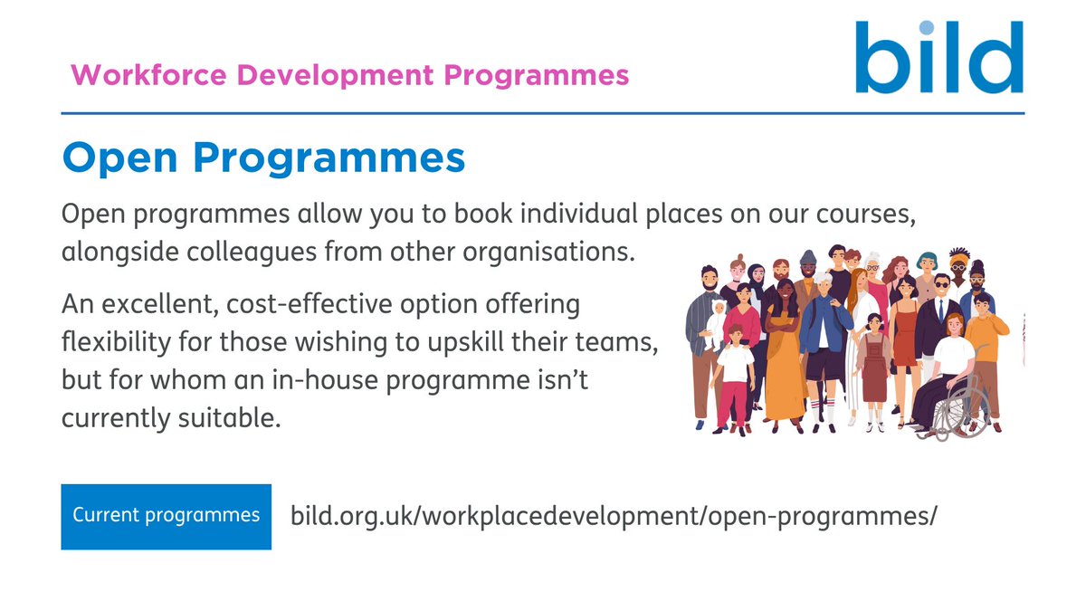 BILD_tweets's tweet image. Bild offers a wide range of open workforce development programmes.

Our open programmes allow you to book individual places on one of our courses, alongside colleagues from other organisations.

See our upcoming programmes here: bild.org.uk/workplacedevel… 

#CPD #PracticeLeadership