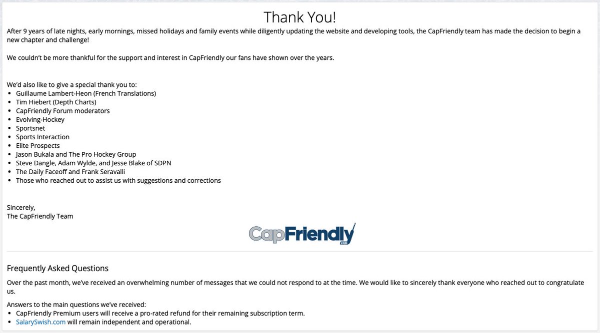 CapFriendly's tweet image. Thank You!
After 9 years of late nights, early mornings, missed holidays and family events while diligently updating the website and developing tools, the CapFriendly team has made the decision to begin a new chapter and challenge!
We couldn’t be more thankful for the support…