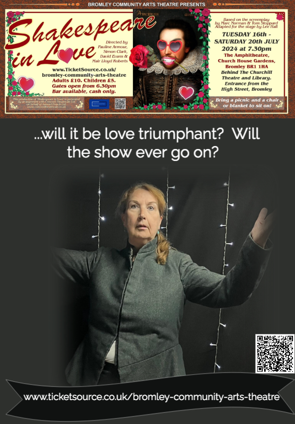 6 DAYS TO GO!!!!!
Bromley Community Arts Theatre's Shakespeare in Love is just 6 days away!  Get your tickets now from TicketSource.co.uk/bromley-commun…
This hilarious retelling of the much-loved, oscar-winning film brings laughs, chaos, romance, sword-fights...and a bit with a dog!!!!