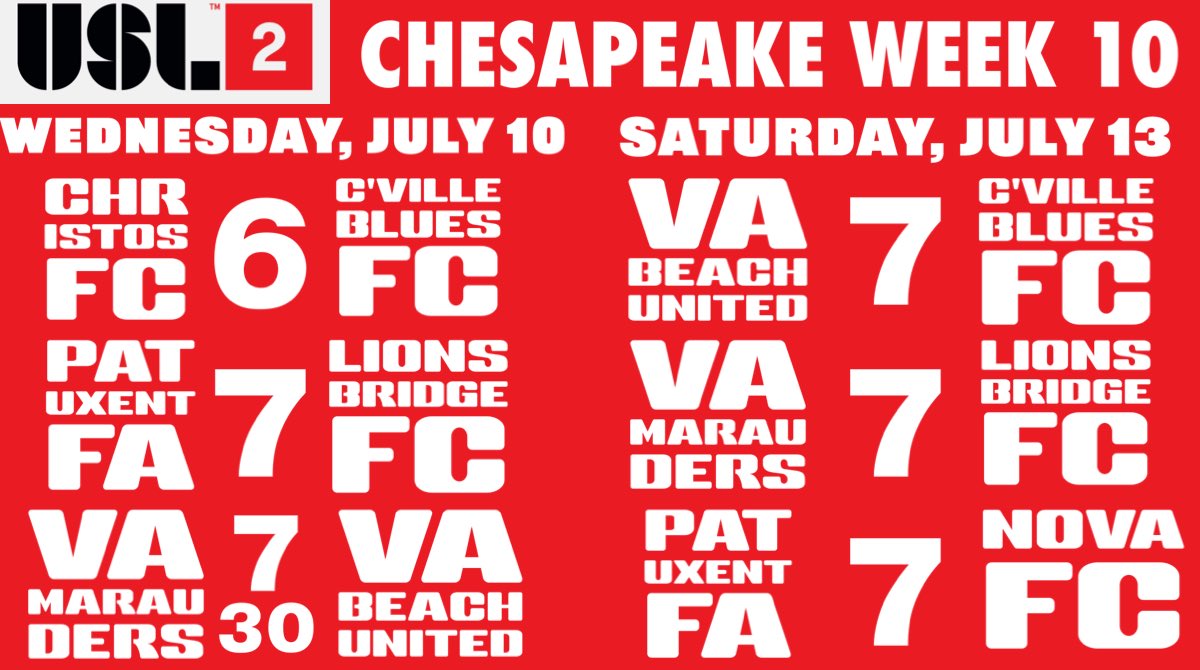 Tim Harvey π§ β½οΈ π§ (@timharvfc) on Twitter photo π₯β½οΈ USL 2 Chesapeake Match Day β½οΈπ₯
β
<a href="/cvlbluesfc/">Charlottesville Blues Football Club</a> (7-1-2) at <a href="/ChristosFC/">Ξ§ΟΞΉΟΟΟΟ</a> (2-2-7), 6
π» youtube.com/live/eix0TJG1mβ¦
β
<a href="/LionsbridgeFC/">Lionsbridge FC</a> (7-2-1) at <a href="/patuxentfa_/">Patuxent Football Athletics</a> (1-1-8), 7
π» veolive.page.link/ysVD
β
<a href="/vbunited_/">Virginia Beach United</a> (7-2-1) at <a href="/VAMaraudersFC/">Virginia Marauders FC</a> (2-0-8), 7
π» youtube.com/@vamfc π₯β½οΈ USL 2 Chesapeake Match Day β½οΈπ₯
β
<a href="/cvlbluesfc/">Charlottesville Blues Football Club</a> (7-1-2) at <a href="/ChristosFC/">Ξ§ΟΞΉΟΟΟΟ</a> (2-2-7), 6
π» youtube.com/live/eix0TJG1mβ¦
β
<a href="/LionsbridgeFC/">Lionsbridge FC</a> (7-2-1) at <a href="/patuxentfa_/">Patuxent Football Athletics</a> (1-1-8), 7
π» veolive.page.link/ysVD
β
<a href="/vbunited_/">Virginia Beach United</a> (7-2-1) at <a href="/VAMaraudersFC/">Virginia Marauders FC</a> (2-0-8), 7
π» youtube.com/@vamfc