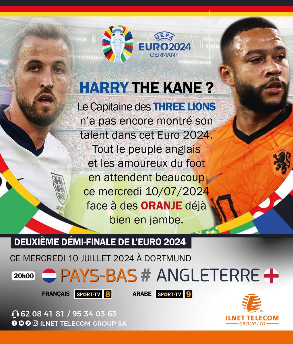 Ilnettelecom's tweet photo. Les Pays-Bas sont monté en puissance depuis les 1/8è de Finale. L'Angleterre rêve d'une finale en Allemagne, tout un symbole. Le dénouement c'est ce Mercredi 10 juillet dès 19h55 sur les chaînes sports du Bouquet HANANA de ILNET TELECOM Group SA. https://t.co/34j4TWi68I