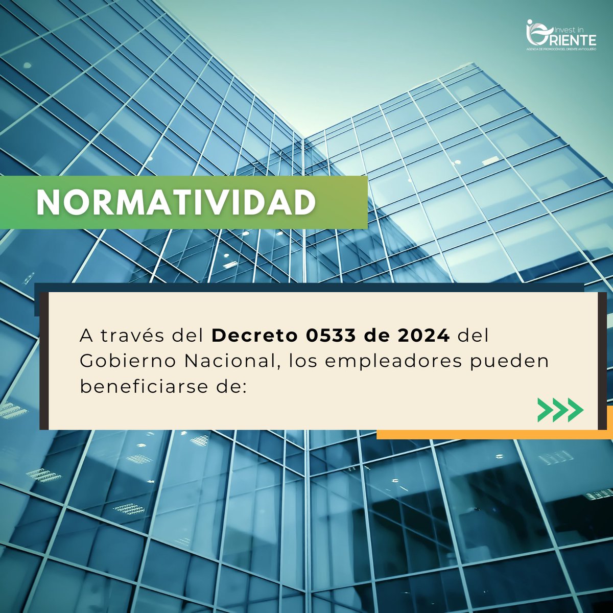 InvestOriente's tweet photo. ¡Aplica los nuevos incentivos para promover la empleabilidad en Colombia! 
Según el Decreto 0533:
35% de un salario mínimo por incluir personas con discapacidad
30% por jóvenes entre 18 y 28 años
20% por contratar mujeres mayores de 28
15% por contratar hombres mayores de 28 https://t.co/TYkzcwTy2g