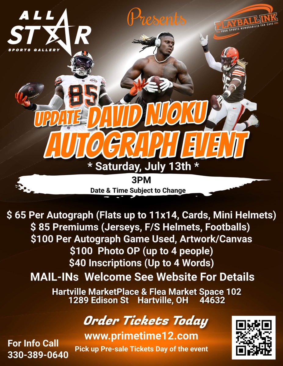 Huge Cleveland Browns Autograph Event
7/13/24 in Hartville, OHIO

JOEL BITONIO
JOK
DAVID “THE CHIEF” NJOKU

PrimeTime12.com for tickets
#cleveland #browns #football